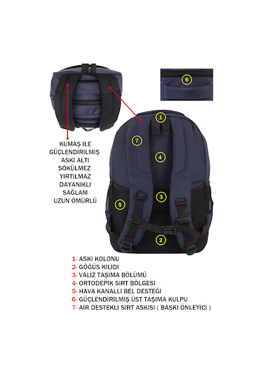 Dada 01 Lacivert Laptop Sırt Çantası 15,6 İnç Usb Type-c Şarj Aparatı Darbe Emici Koruma