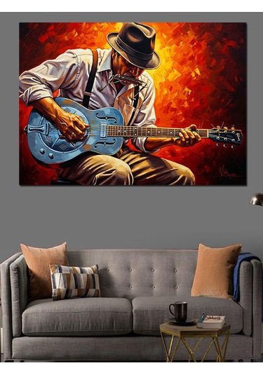 Mavi Gitar Çalan Adam Dekoratif Kanvas - Mdf Ahşap Tablo