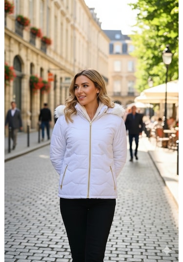 Barbora Günlük Kürklü Şişme Kadın Mont Beyaz