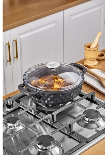 Taç Bella Tencere Cam Kapak Döküm Basık Tencere 26 Cm Siyah