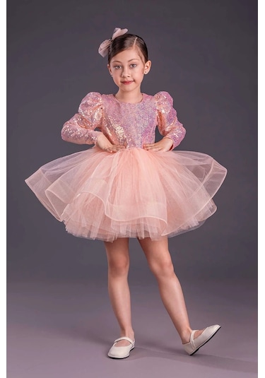 Uzun Kol Balerin Elbise Tütü Etek Pul Payetli SOMON