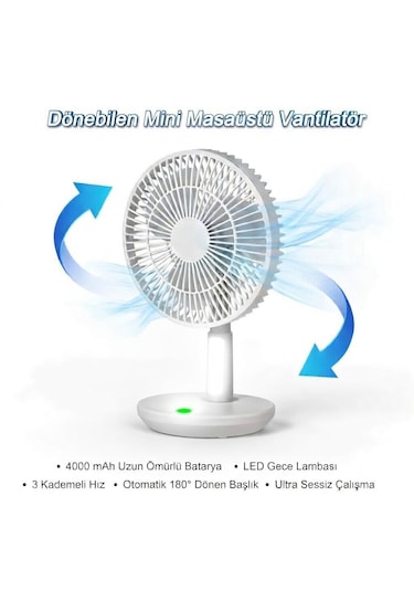 Otomatik Dönebilen Masa Üstü Lamba Özellikli Usb Şarjlı Mini Fan 4000 Mah Vantilatör