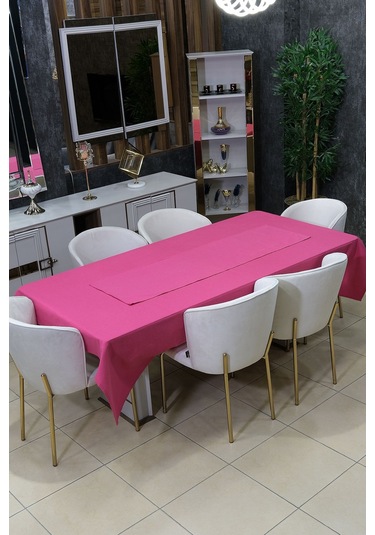 Dream 8 Parça Masa Örtüsü Seti Çeyiz Seti Salon Masa Örtüsü, Runner, 6'lı Peçete Fuşya