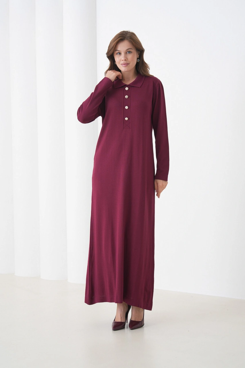 Kadın Uzun Kol Gömlek Yaka Triko Önden Düğmeli Triko Spor Şık Elbise Bordo