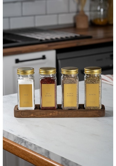 Mienda Home 4'lü Ahşap Standlı Cam Baharatlık Seti Gold Kapaklı Etiketli Baharatlık Takımı Mh01gld04 Gold - Şeffaf