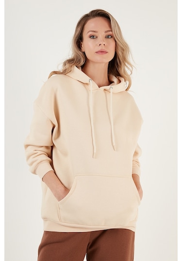 Lela Regular Fit Pamuklu Kapüşonlu Yaka Şardonlu Kışlık Bayan Sweat 5863854 Bej