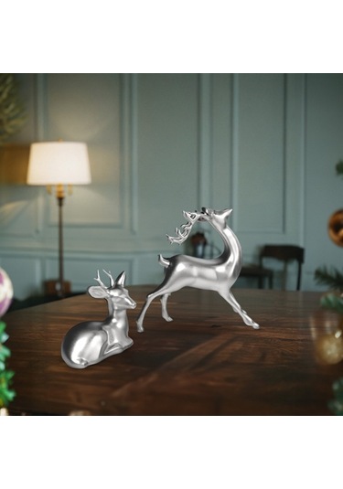Dekoratif Gümüş Renk 2'li Geyik Biblo Seti