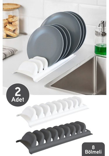 İronika Bulaşıklık 8 Li Tezgah Üstü Tabak Kurutmalık 2 Adet Antrasit Beyaz Beyaz