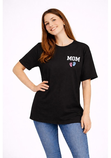 Nevermind Anne Baba Kombini Mom Dad Baskılı Çift Tişört Oversize Unisex 2 L Siyah