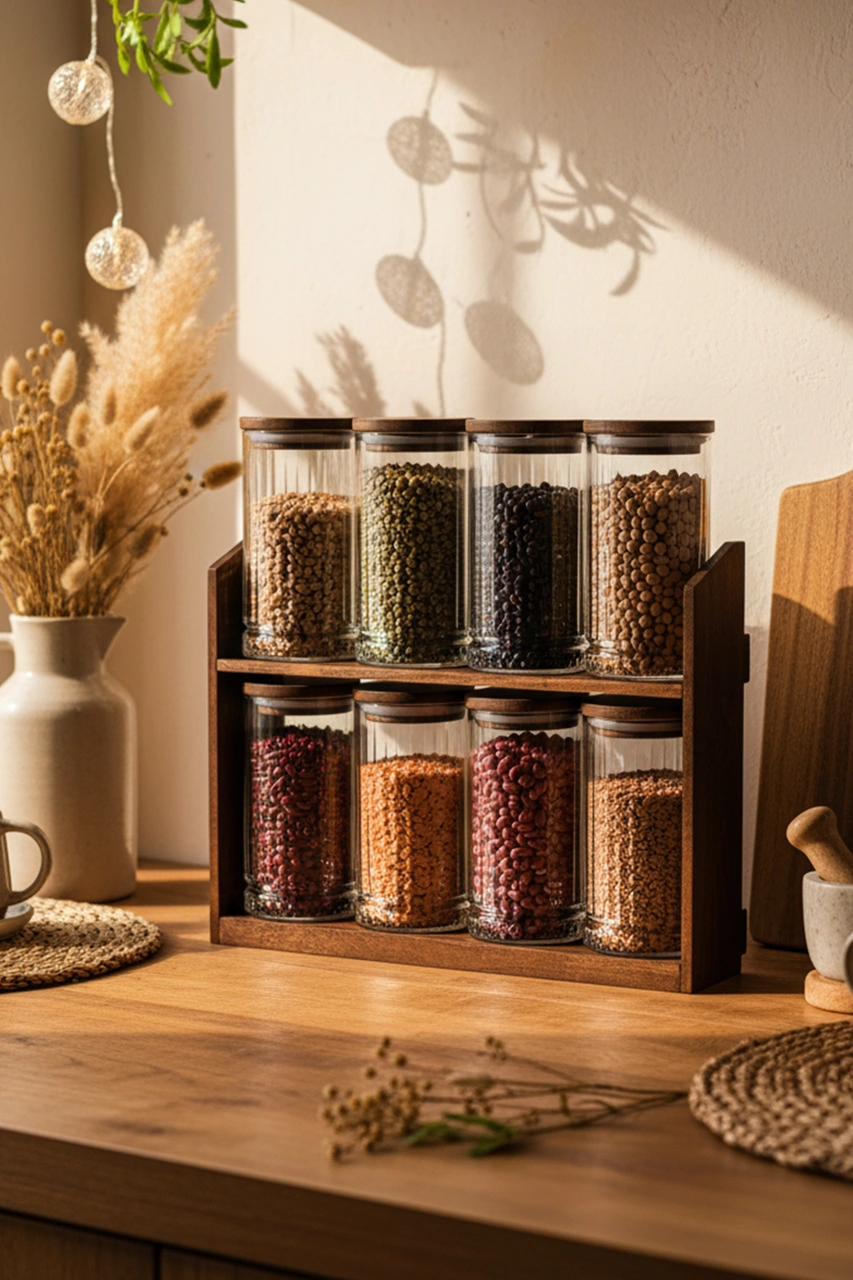 Mira Büyük - 8'li Ahşap Standlı Vakumlu Ahşap Kapaklı Cam Baharatlık Takımı Saklama Kabı Seti 445 Ml Ahşap