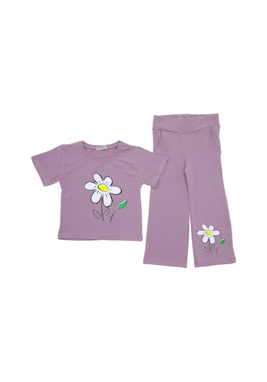 Kız Çocuk İkili Takım Papatya Baskılı Lila