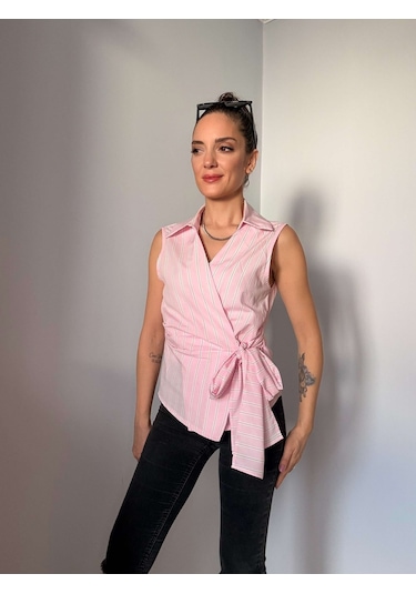 Ali Butik Pembe Çizgili Sıfır Kol Poplin Gömlek Pembe