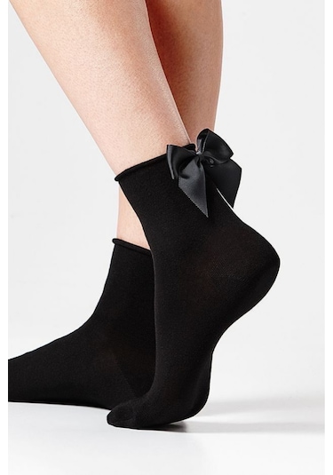 Heleni Kadın Bambu Siyah Fiyonklu Siyah Soket Çorap Siyah
