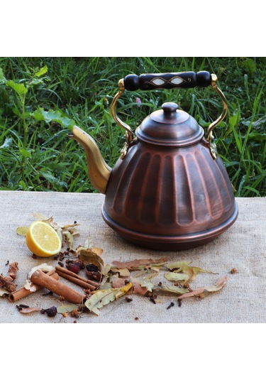 Tekli Dilimli Oksitli Ihlamur Bakır Çaydanlık 3 Lt Bakır