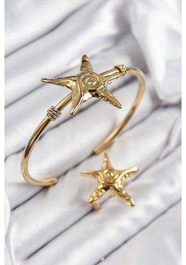Zarif Kadın İçin Golden Pirinç Deniz Yıldızı Stil Bileklik Yüzük Seti Bakır