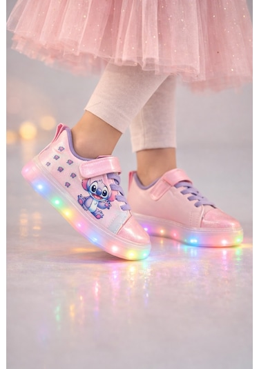 Minibonito Kız Çocuk Desenli Işıklı Led Tabanlı Simli Cırt Cırtlı Sneaker Pembe