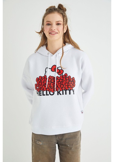 Hello Kitty Lisanslı Baskılı Kapüşonlu Kalın Sweatshirt Çok Renkli