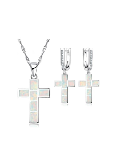 Pembe Moda İsa Haç Aksesuarları Kadınlar Için Set İmitasyon Mavi Ateş Opal Çapraz Kolye Kolye Küpe Kadın Düğün Takısı Pembe