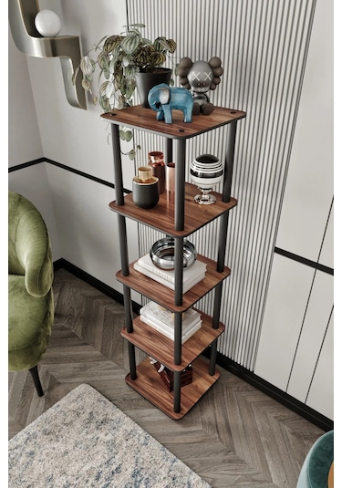 5 Katlı Dekoratif Kare Kitaplık Ceviz Ceviz