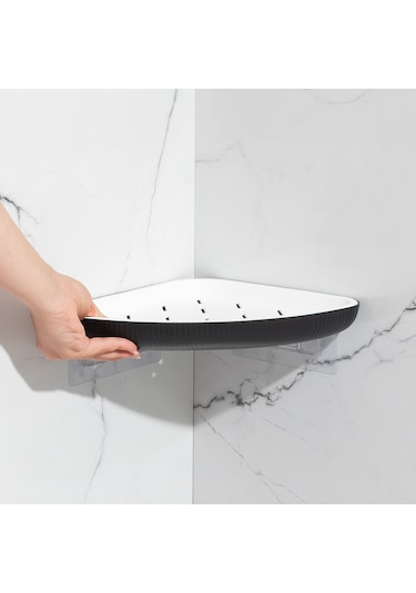 Porsima 0447 3'lü İstiridye Banyo Köşe Rafı Yapışkanlı Raf Siyah