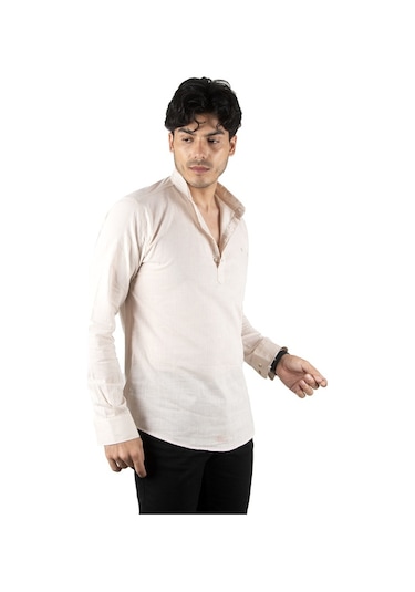 Deepsea Erkek Bej Yarım Düğme Keten Gömlek Bej