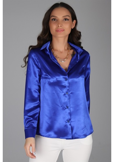 Sweetness Kadın Saks Mavi Saten Uzun Kol Abiye Gömlek Mavi