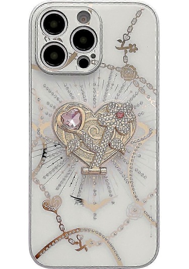 İphone Uyumlu 16 Pro Max Kılıf Kickstand Tpu+pc Rhinestones Dekor Telefon Kılıfı - Beyaz