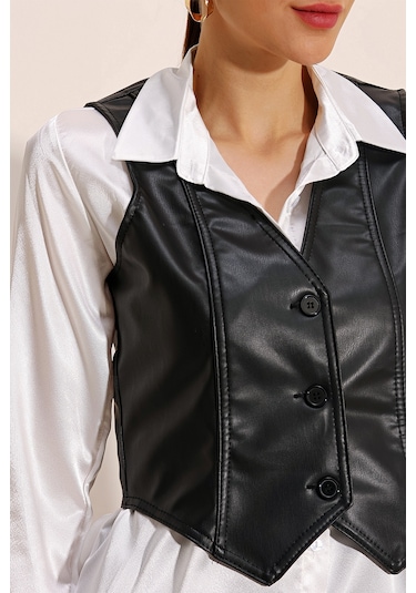 6790 Suni Deri Yelek - Siyah Siyah