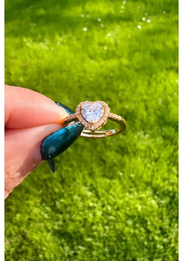 Taş Detaylı Gold Kalp Yüzük Gold