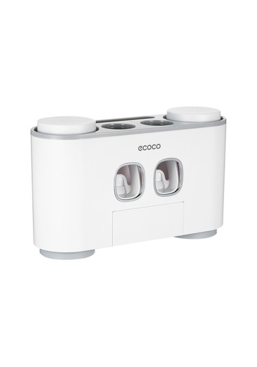 Shineyee Duvarlı Diş Fırçası Tutucu Seti - Otomatik Macun Dağıtıcı, 5 Fırça Yuva, 4 Bardak, Sıvılastırıcı Olmadan Kurulum, Gri Renk Beyaz