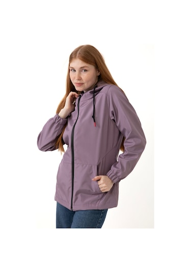 Kadın Mürdüm Içi Astarlı Su Geçirmez Ve Rüzgara Dayanıklı Kapüşonlu Cepli Yağmurluk - Rüzgarlık Mürdüm