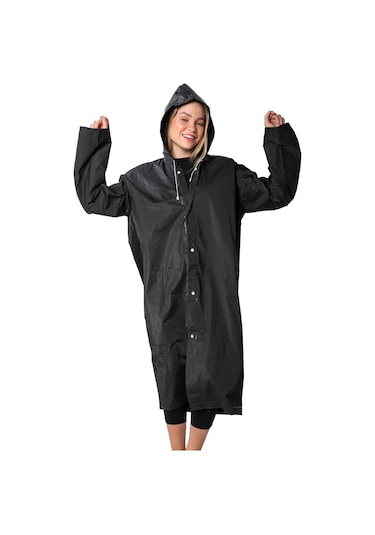 Marlux Unisex Su Rüzgar Geçirmez Kapüşonlu Çıtçıt Düğme Eva Yağmurluk - Siyah - Beyaz