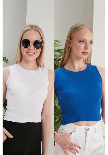 Catspy Kadın Halter Yaka 2'li Crop Bluz Atlet Beyaz - Saks