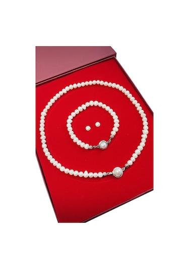 Chavin Doğal İnci Kolye Küpe Bileklik Özel Kutulu Set Eu98