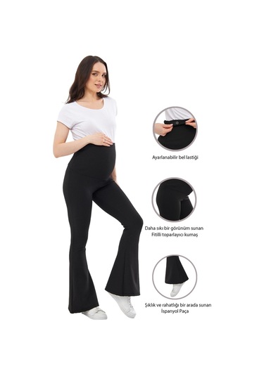 Luvmabelly Myra8230 Toparlayıcı Fitilli Mevsimlik İspanyol Paça Beli Ayarlanabilir Hamile Tayt-siyah