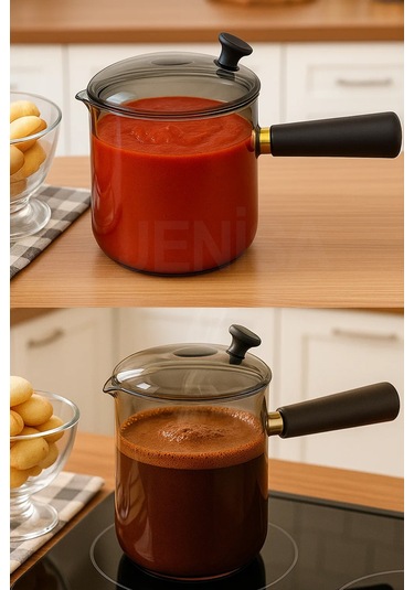 Çok Amaçlı Isıya Dayanıklı Cam Cezve & Sosluk 550 Ml - Ahşap Saplı Modern Tasarım Kahverengi