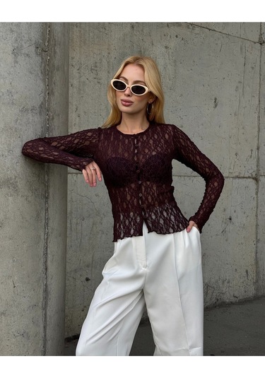 Kadın Bisiklet Yaka Önden Düğmeli Full Esnek Dantel Bürümcük Spor Şık Tasarım Gece Bluzu Kahverengi