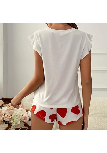 Kadın Pijama Takımı Fırfırlı Kısa Kollu Üst Ve Aşk Kalbi Baskılı Şort Seti Yazlık Günlük 2 Parça Gecelik Ev Giyim Seti Kırmızı