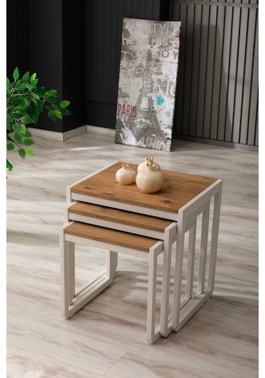 Arpelia Arpelia Üçlü Zigon Sehpa 50 x 40 CM Beyaz - Atlantik Çam