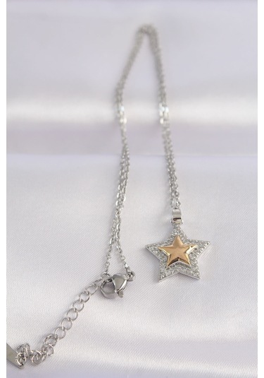 Ezoconcept 316l Çelik Zincir Gümüş Renk Zirkon Taşlı Tasarım Altın Renk Yıldız Kolye Çok Renkli