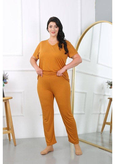 Akbeniz Kadın Büyük Beden Kısa Kol Penye Pijama Takımı Hardal 202405-hardal Hardal