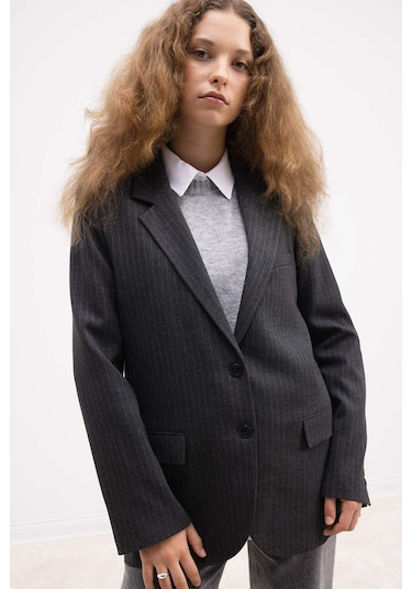 Defacto Oversize Geniş Kalıp Ceket Yaka Düğmeli Çizgili Blazer Ceket D6879ax24auar151 Antrasit