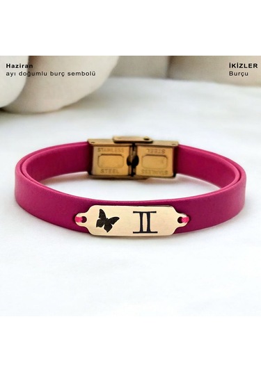 Archin Haziran Ayı Doğumlarına Pembe Derili Kelebek Figürlü 14 Ayar Altın Plakalı Hediye Bileklik-651ay Haziran