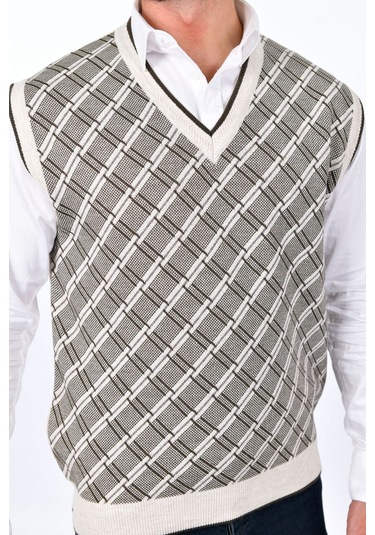 Kamalı Erkek Çelik Örgü Ekose Desenli Kalın Triko V Yaka Triko Örgü Tüylenmez Süveter Regular Taş