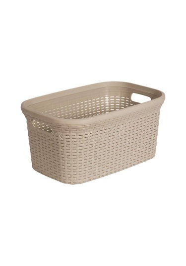 2'li Set Hasır Desenli Plastik Bej Çamaşır Sepeti & Bej Çamaşır Selesi Bej