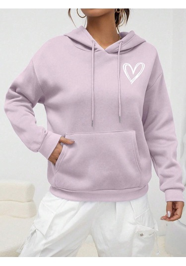 Unisex Kadın/Erkek Kalp Desenli Kanguru Cepli Düşük Omuz Ipli Kapüşonlu Üst