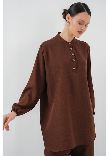 Bigdart 6678 Keten Tunik Pantolon İkili Takım - Kahverengi