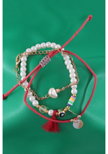 3lü Nazar Boncuklu İncili Püsküllü Asansörlü Lastikli Kırmızı İp Bileklik. Kadın İp Bileklik Halhal Çok Renkli