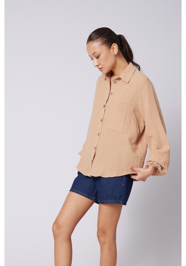 Nisan Tek Cepli Pamuklu Gömlek CAMEL
