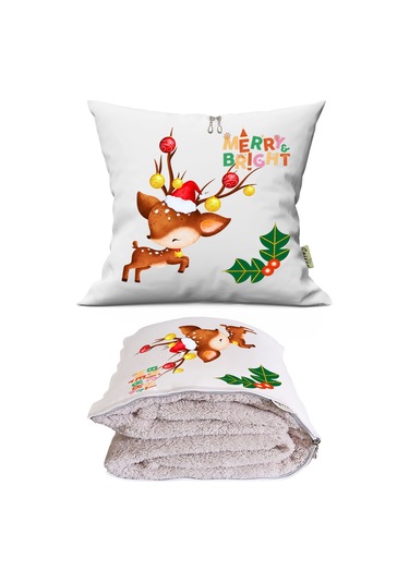 Noel Işıklı Geyik Baskılı Dekoratif Yastık Kırlent Opsiyonel Battaniye 2 İn 1 Çok Renkli